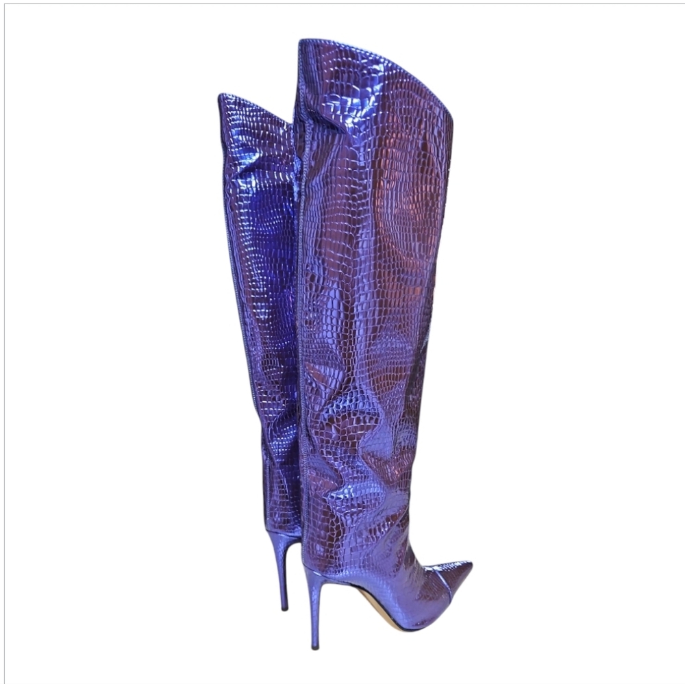 ALEXANDRE VAUTHIER | Metallic Blue Croc‑Embossed Patent Leather Knee‑High Boots - Picture 6 of 11